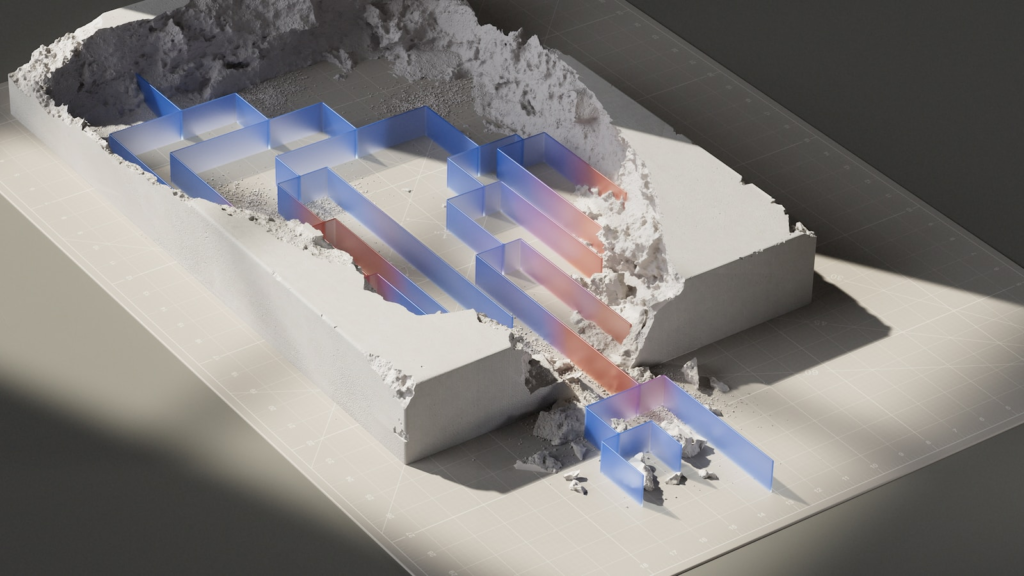 a cut in half picture of a building with blue and red arrows
